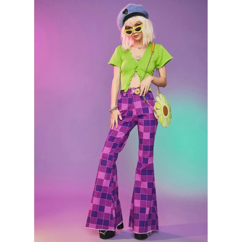💥RETRO CHIC💥Dolls Kill American Bazi Checkered Flare Jeans in Purple/Plum/Pink - Picture 5 of 12